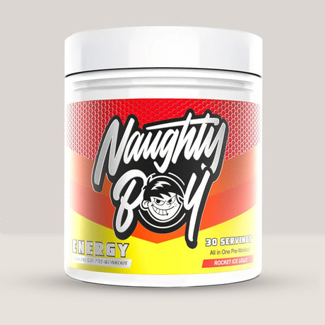 Imagine cu suplimentul pre-workout Naughty Boy Energy Pre Workout, 390g, 30 de serviri. Rocket Ice Lolly aroma.