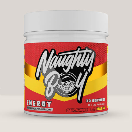 Imagine cu suplimentul pre-workout Naughty Boy Energy Pre Workout, 390g, 30 de serviri. Strawberry mango aroma.