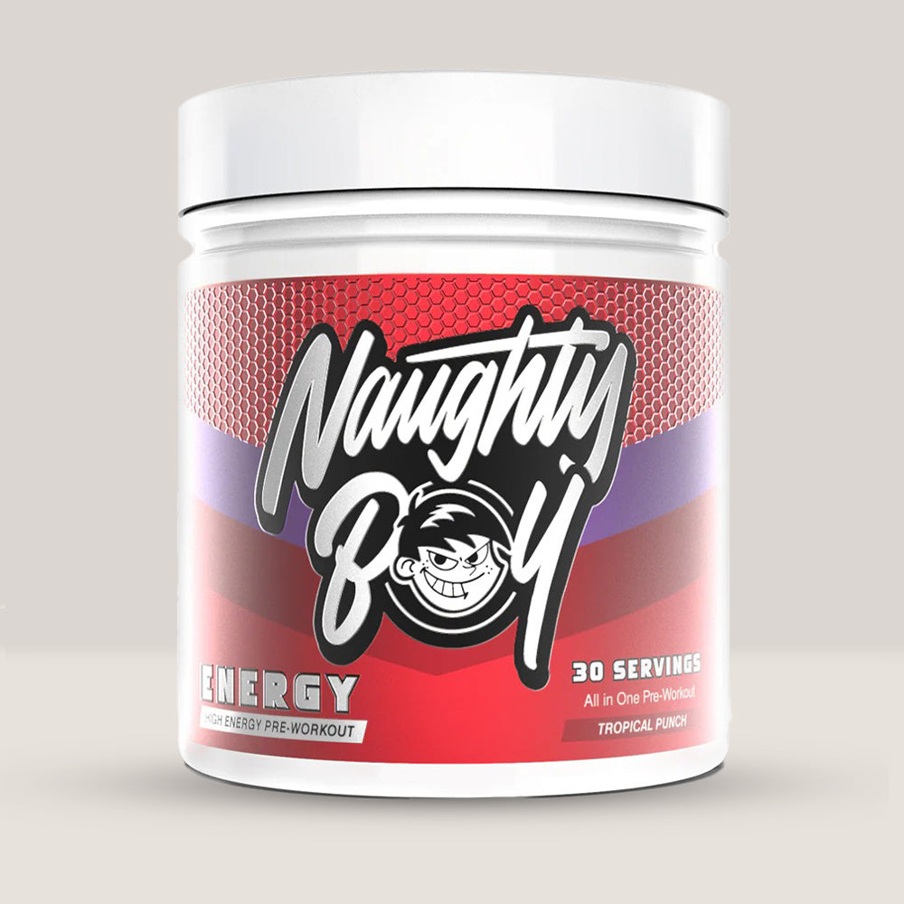 Imagine cu suplimentul pre-workout Naughty Boy Energy Pre Workout, 390g, 30 de serviri. Tropical punch aroma.