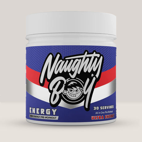 Imagine cu suplimentul pre-workout Naughty Boy Energy Pre Workout, 390g, 30 de serviri. Ultra Energy aroma.