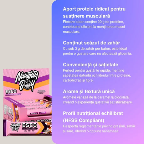 Recuperare rapidă și poftă de dulce satisfăcută? Alege ESCO Bar proteic de la NaughtyBoy.
