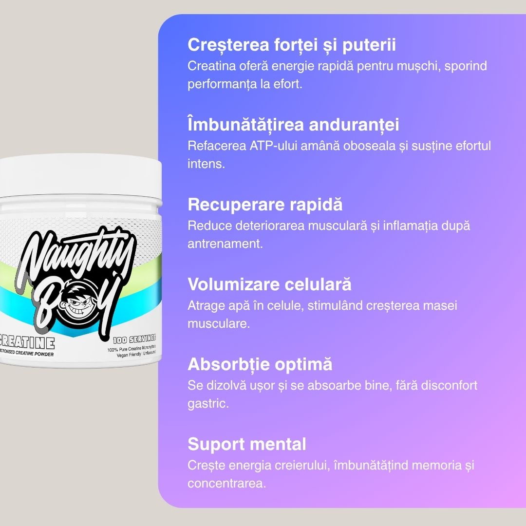Creatină monohidrată micronizată NAUGHTY BOY: Performanță maximă, recuperare rapidă.