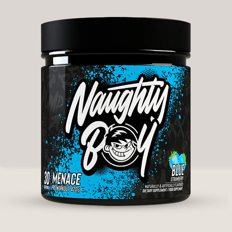 Imagine cu suplimentul pre-workout Naughty Boy Menace Complex, 420g, 30 de serviri. Blue strawberry aroma.