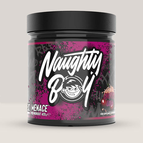 Imagine cu suplimentul pre-workout Naughty Boy Menace Complex, 420g, 30 de serviri. Cherry cola aroma.