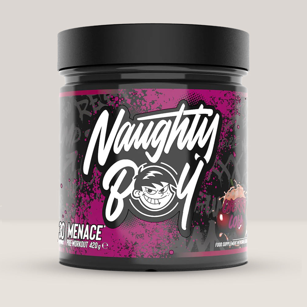 Imagine cu suplimentul pre-workout Naughty Boy Menace Complex, 420g, 30 de serviri. Cherry cola aroma.