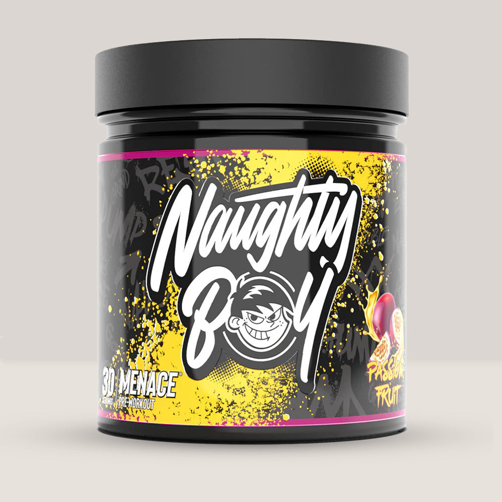Imagine cu suplimentul pre-workout Naughty Boy Menace Complex, 420g, 30 de serviri. Passion fruit aroma.