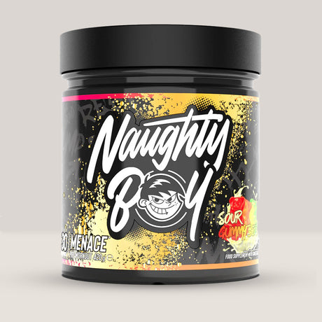 Imagine cu suplimentul pre-workout Naughty Boy Menace Complex, 420g, 30 de serviri. Sour gummies aroma.