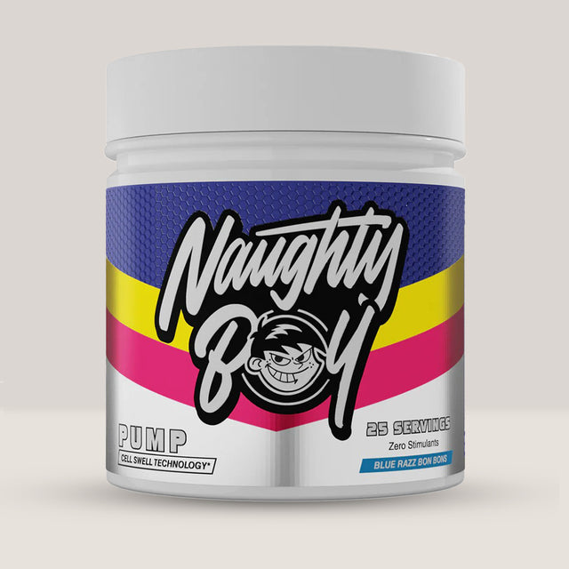 Imagine cu suplimentul pre-workout Naughty Boy Pump, fără cofeină, 400g, 25 de serviri. Blue razz bon bons.