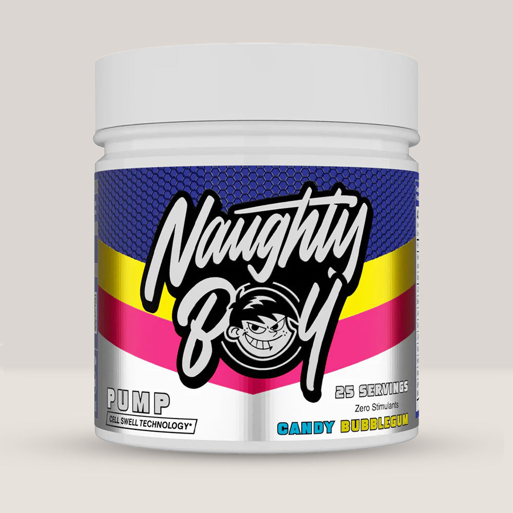 Imagine cu suplimentul pre-workout Naughty Boy Pump, fără cofeină, 400g, 25 de serviri. Candy bubblegum.