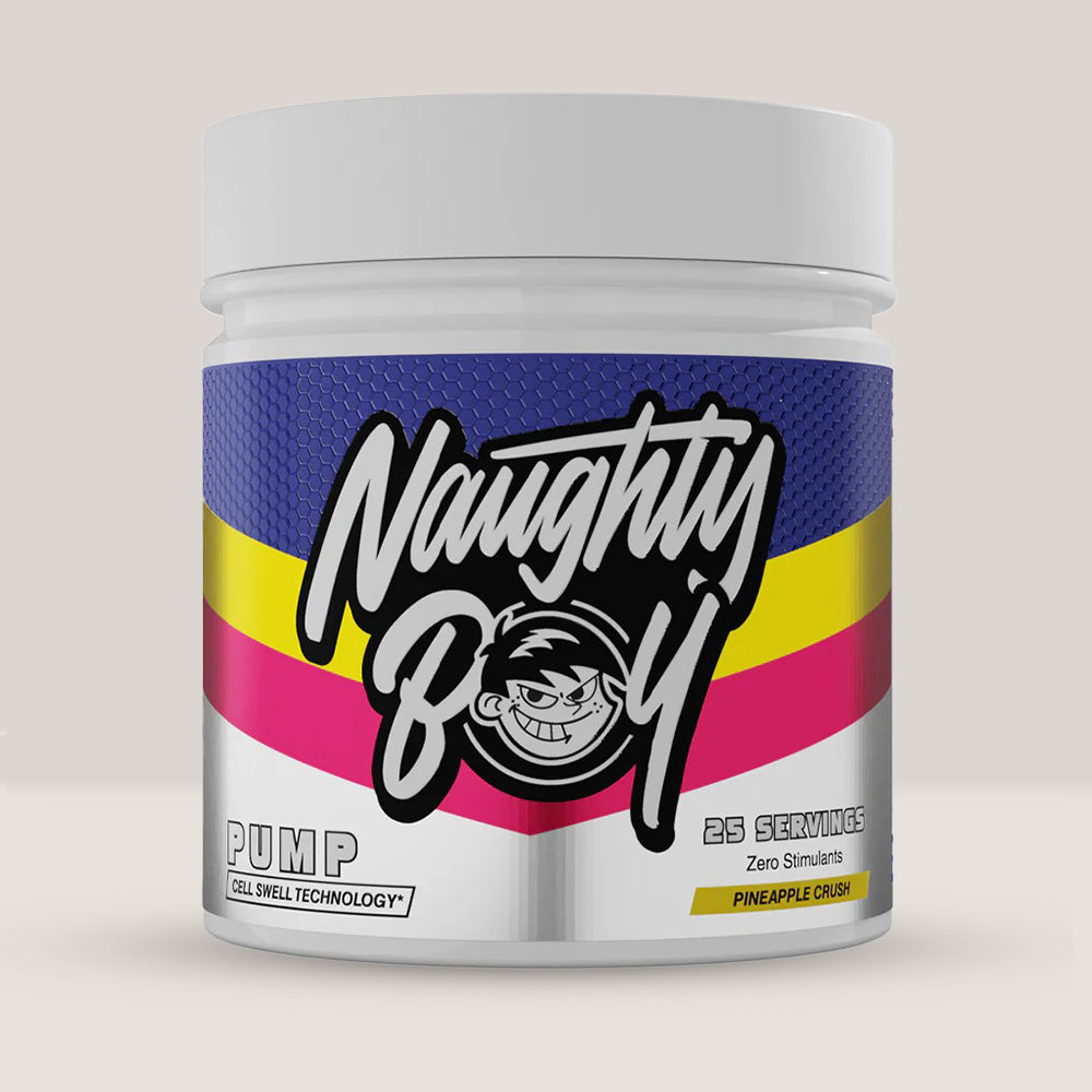 Imagine cu suplimentul pre-workout Naughty Boy Pump, fără cofeină, 400g, 25 de serviri. Pineapple crush aroma.