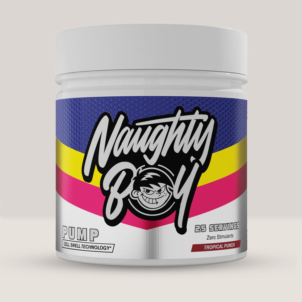 Imagine cu suplimentul pre-workout Naughty Boy Pump, fără cofeină, 400g, 25 de serviri. Tropical punch aroma.