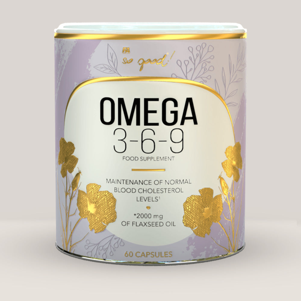 Flacon de Omega 3-6-9 din gama so good! de la Fitness Authority, supliment din ulei de in pentru colesterol, 60 capsule.