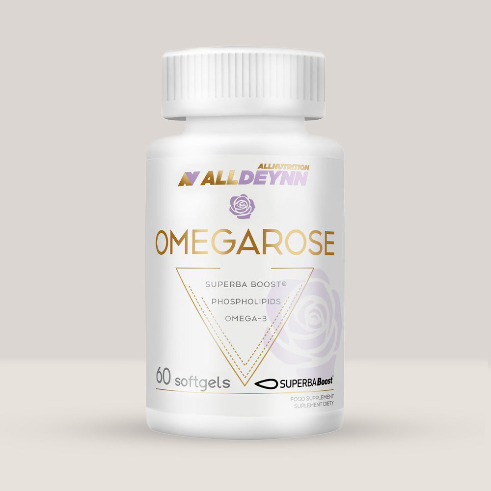 Flacon de Omegarose de la Alldeynn, supliment cu ulei de krill (Omega-3 și fosfolipide), cu 60 de capsule moi.