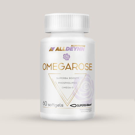 Flacon de Omegarose de la Alldeynn, supliment cu ulei de krill (Omega-3 și fosfolipide), cu 60 de capsule moi.