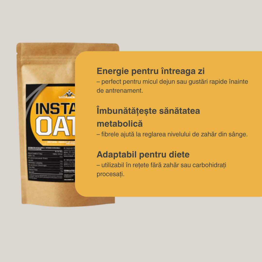Energie și vitalitate toată ziua? Ovăz instant VITABOLIC, cu carbohidrați complecși, pentru performanță și echilibru.
