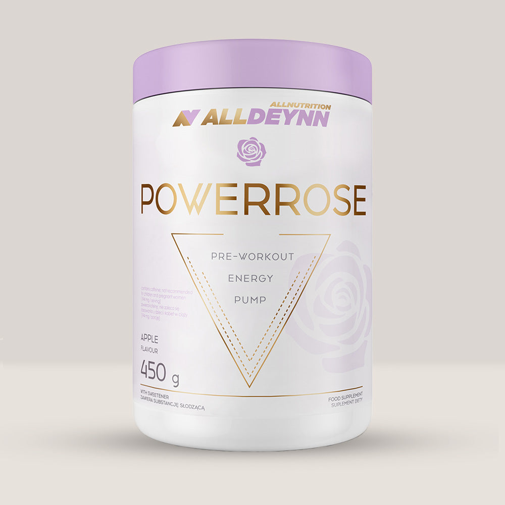 Cutie de PowerRose de la Alldeynn, supliment pre-workout pentru femei, pentru energie și pompare, 450g.