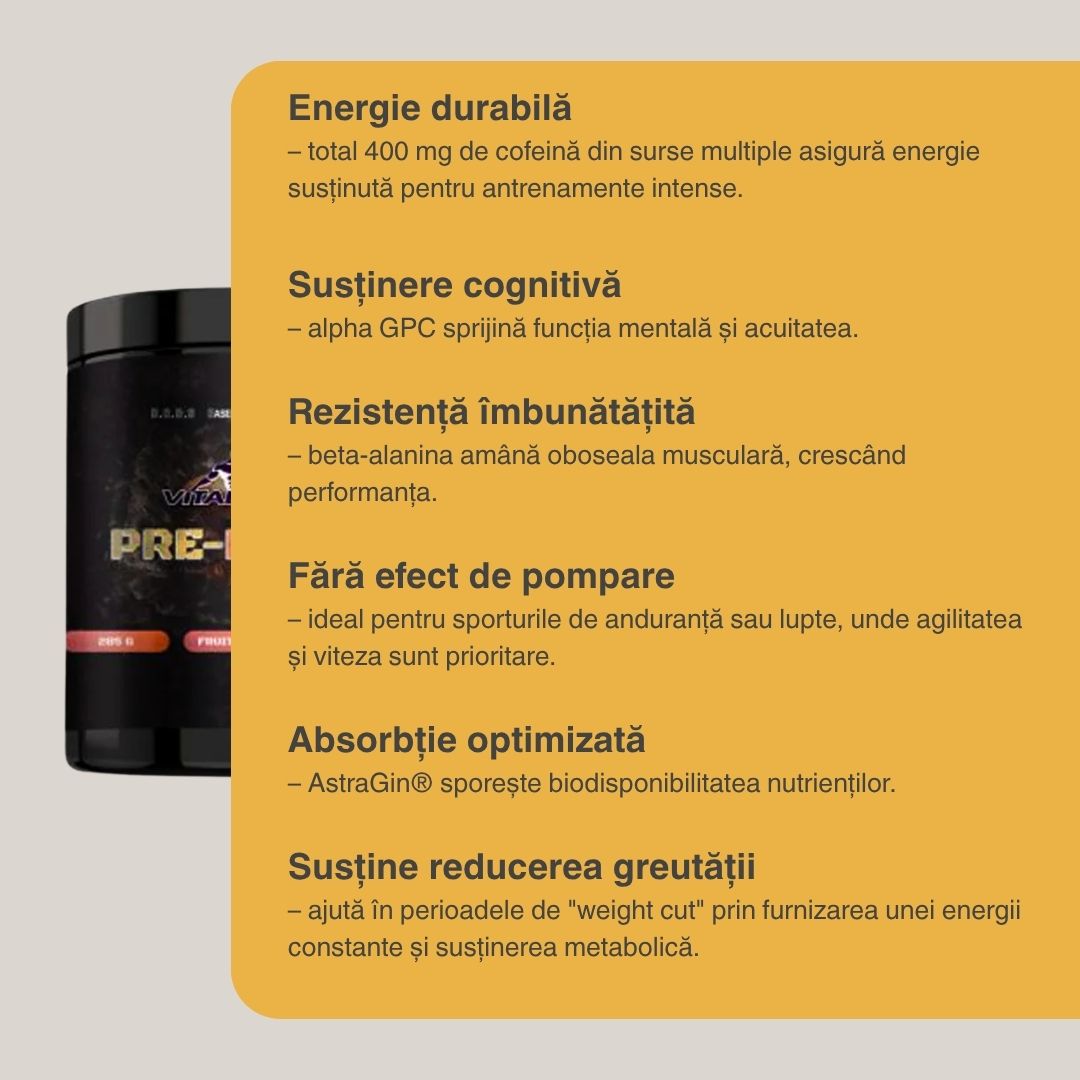 Energie explozivă și anduranță superioară cu Pre Fight Vitabolic. Performanță fluidă, fără pompare musculară.