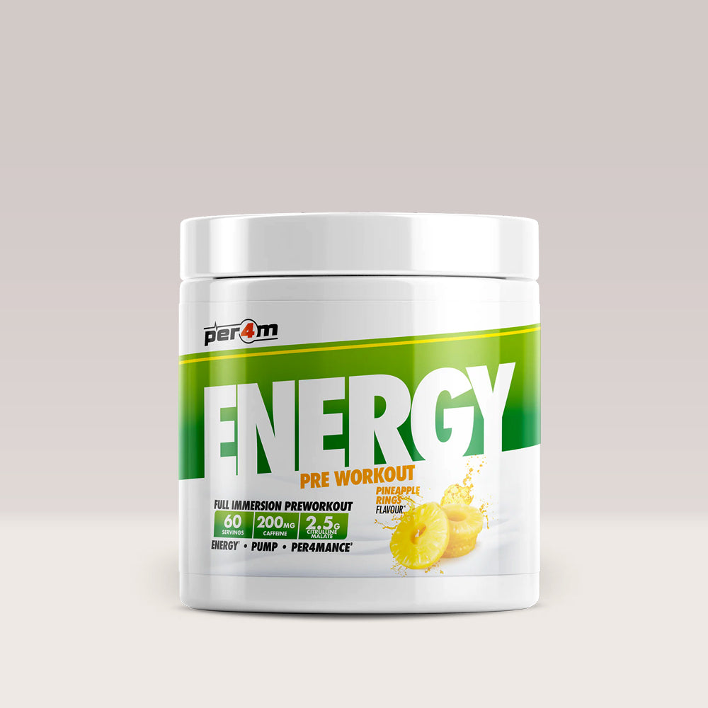 Recipient de pre-workout complex PER4M ENERGY & SPEED, un supliment pentru energie. Ananas.