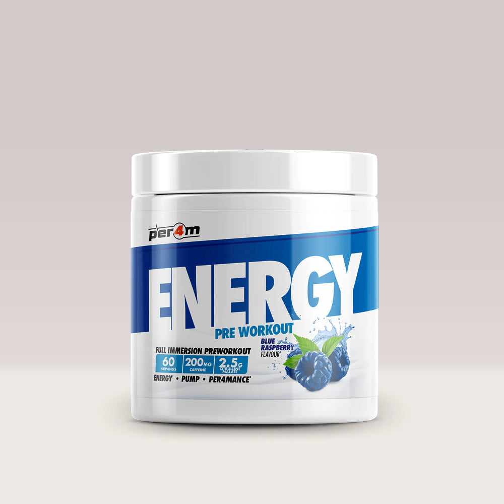 Recipient de pre-workout complex PER4M ENERGY & SPEED, un supliment pentru energie. Blue raspberry.
