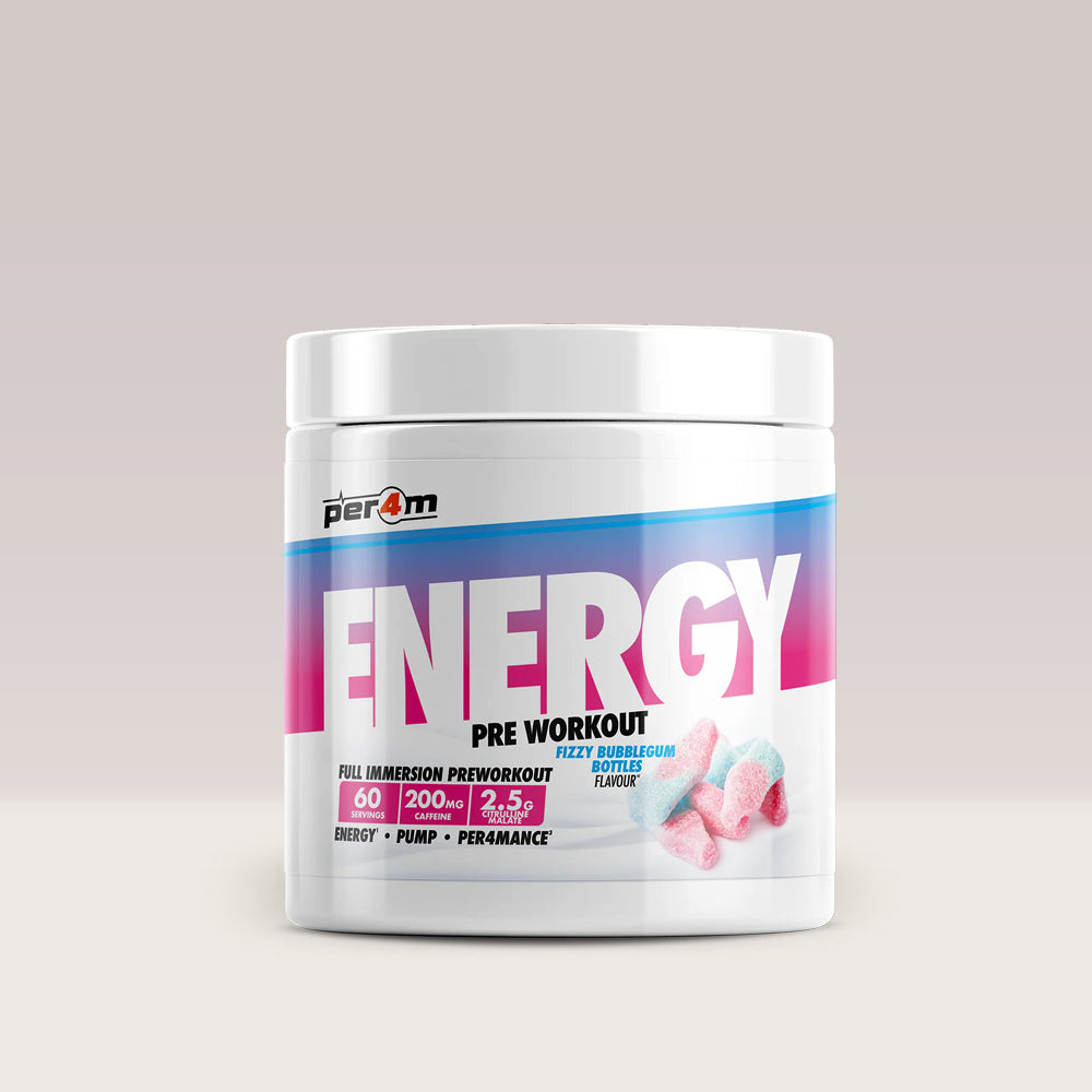 Recipient de pre-workout complex PER4M ENERGY & SPEED, un supliment pentru energie. Bubblegum.