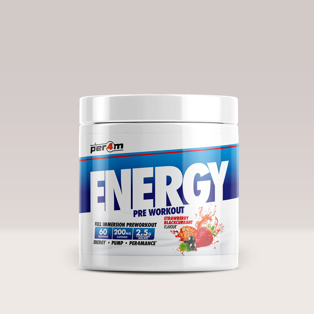 Recipient de pre-workout complex PER4M ENERGY & SPEED, un supliment pentru energie. Căpșuni și coacăze.