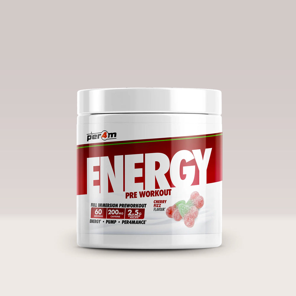 Recipient de pre-workout complex PER4M ENERGY & SPEED, un supliment pentru energie. Cireșe.