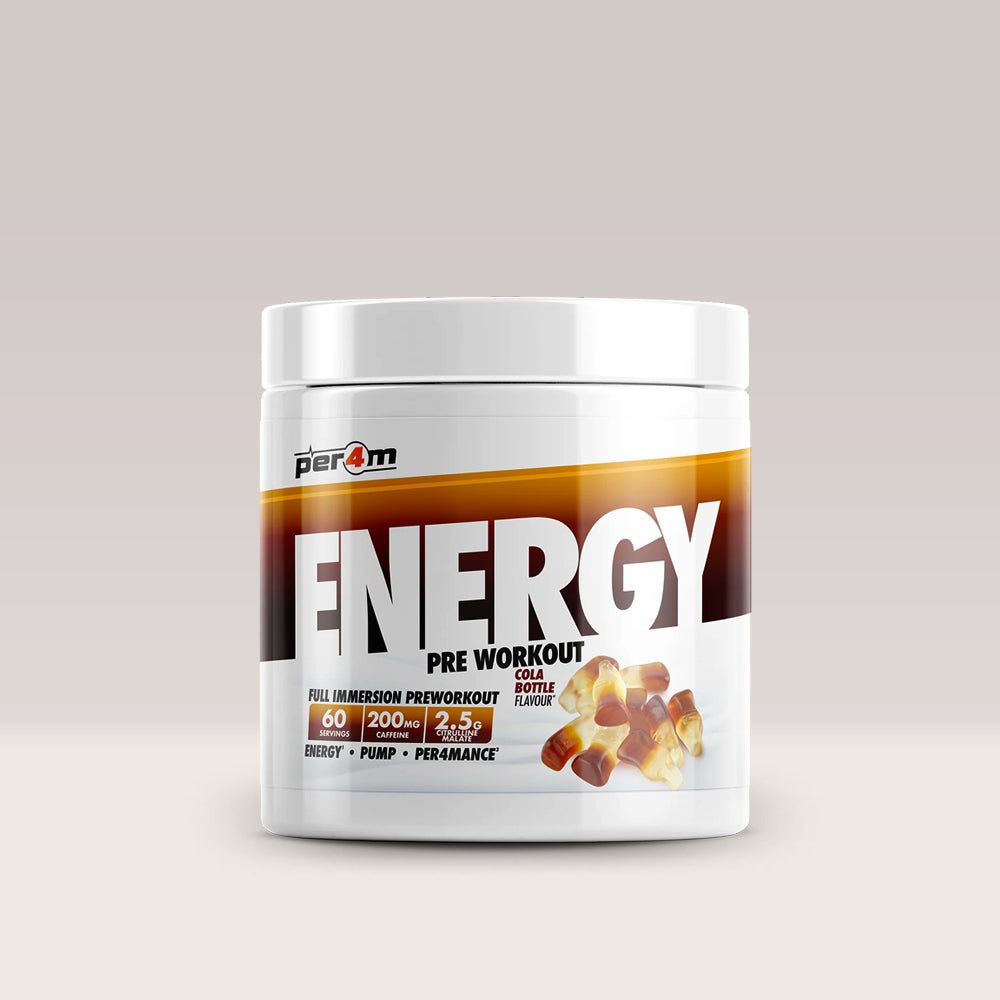Recipient de pre-workout complex PER4M ENERGY & SPEED, un supliment pentru energie. Cola aroma.