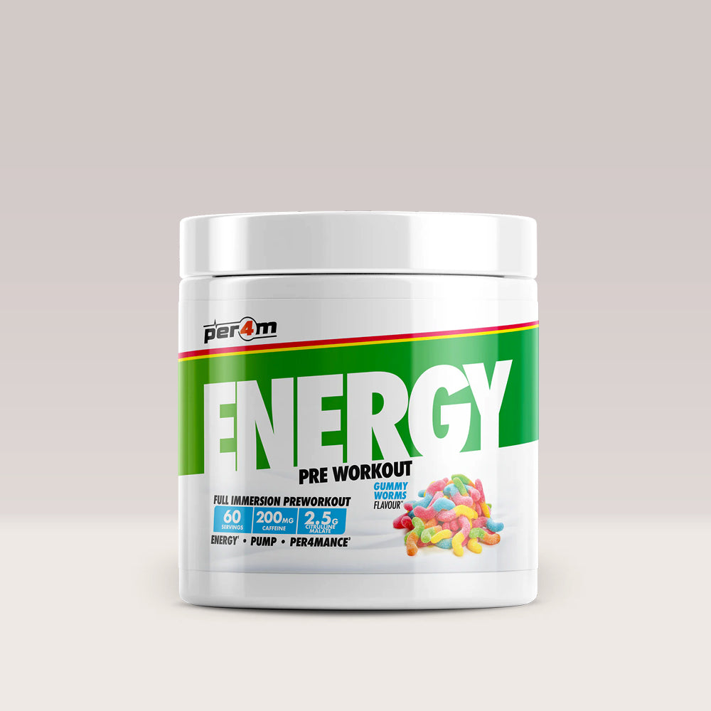 Recipient de pre-workout complex PER4M ENERGY & SPEED, un supliment pentru energie. Aromă de jeleuri.