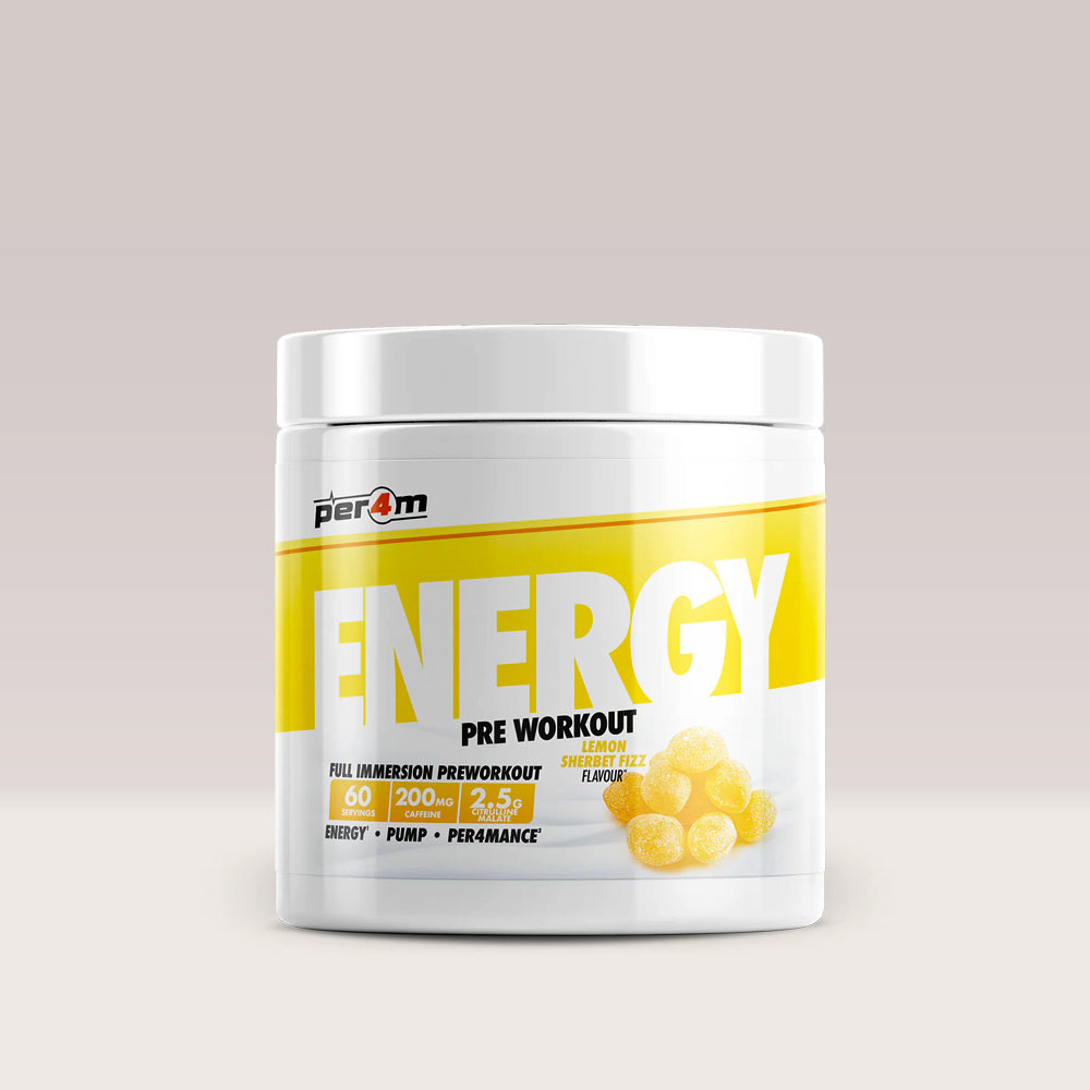 Recipient de pre-workout complex PER4M ENERGY & SPEED, un supliment pentru energie. Aromă de lămâie.