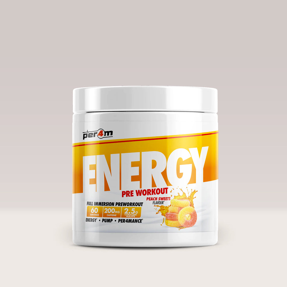 Recipient de pre-workout complex PER4M ENERGY & SPEED, un supliment pentru energie. Piersica.