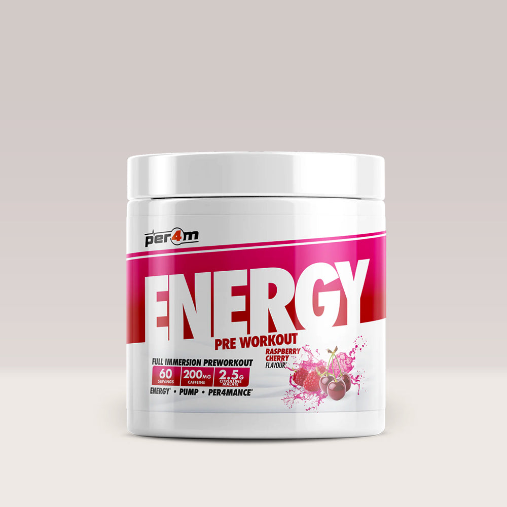 Recipient de pre-workout complex PER4M ENERGY & SPEED, un supliment pentru energie. Zmeură și cireșe.