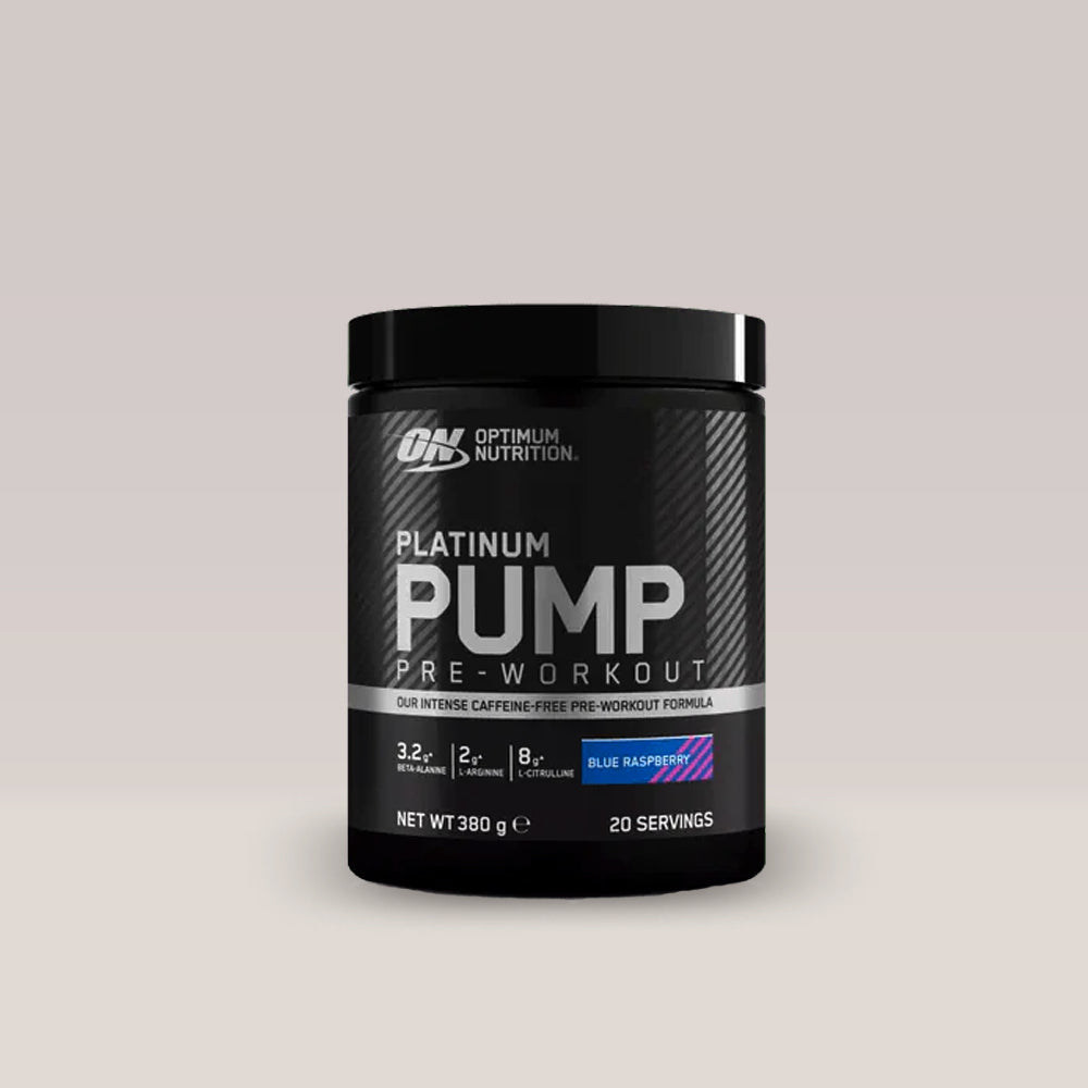 Recipient de pre-workout fără cofeină Optimum Nutrition Platinum Pump, aroma Blue Raspberry.