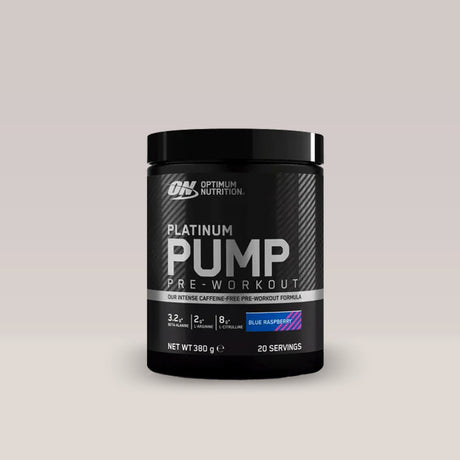 Recipient de pre-workout fără cofeină Optimum Nutrition Platinum Pump, aroma Blue Raspberry.