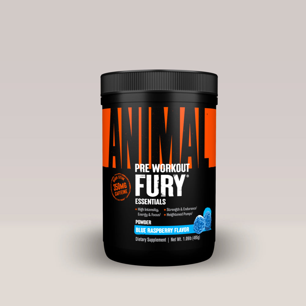 Suplimentul pre-workout Animal Fury Essentials de la Universal Nutrition, cu 350g cafeină. Blue raspberry aroma.