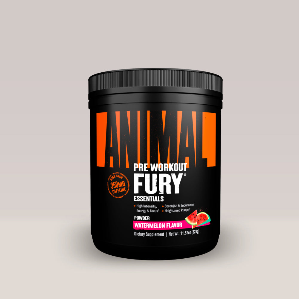 Suplimentul pre-workout Animal Fury Essentials de la Universal Nutrition, cu 350g cafeină. Watermelon aroma.