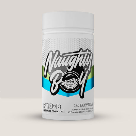 Flacon de Pro-B de la NaughtyBoy, supliment probiotic cu 25 de miliarde CFU pentru sănătate digestivă, 60 de capsule.