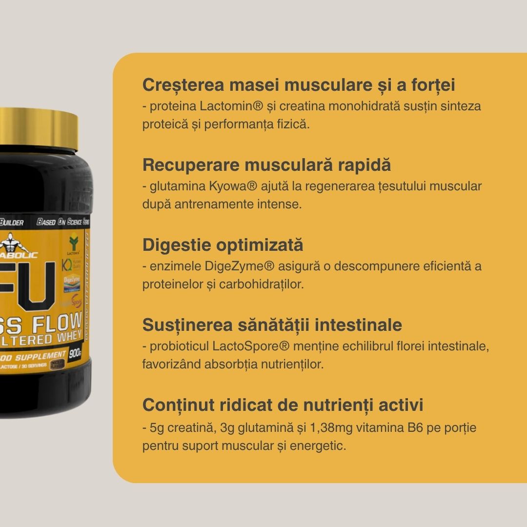 Creștere musculară rapidă și recuperare cu CFU Lean Mass Builder Whey. Proteină Lactomin®, creatină și glutamină Kyowa®.
