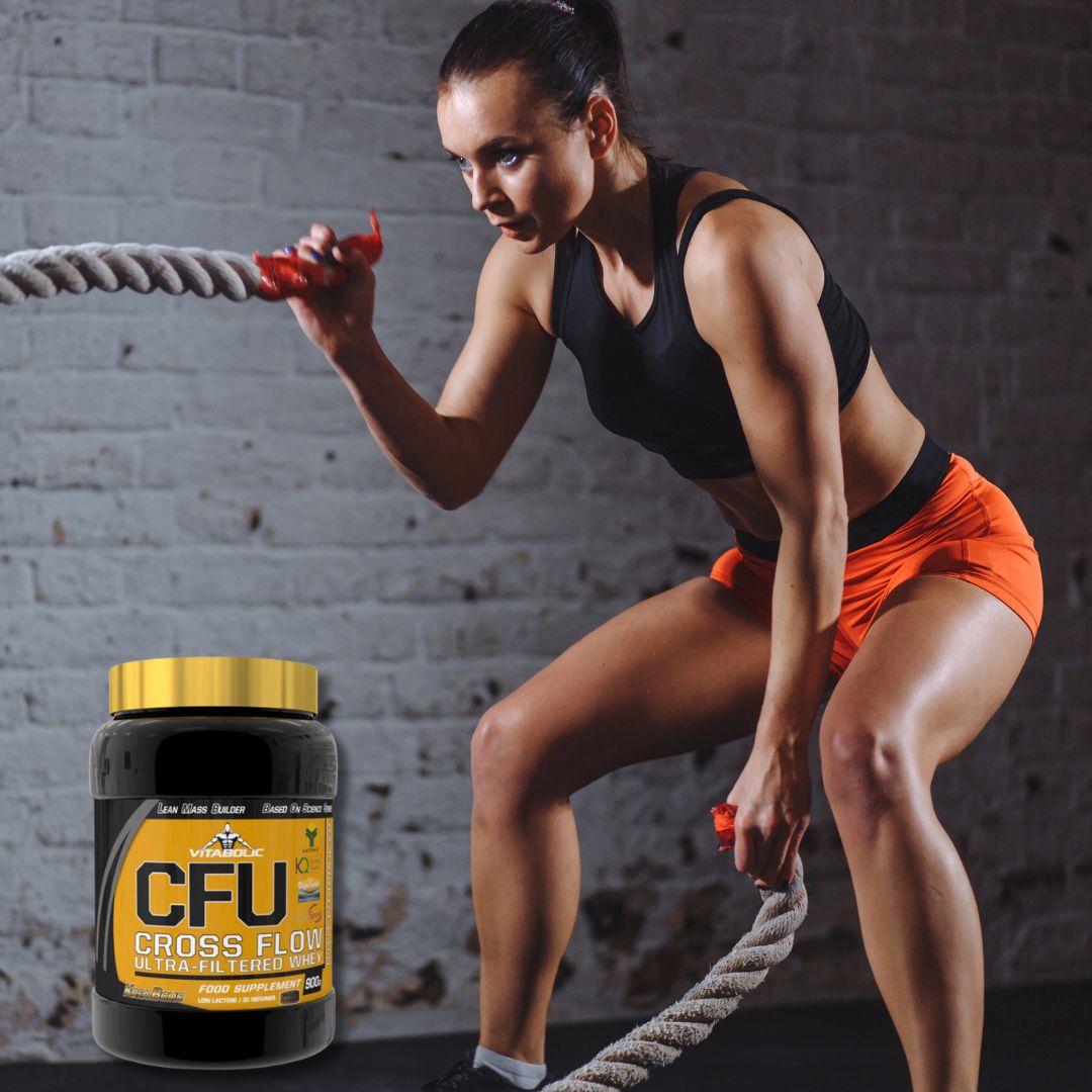 Proteină Lactomin®, creatină și glutamină Kyowa® pentru masă musculară și performanță sporită. CFU Lean Mass Builder Whey de la Vitabolic.