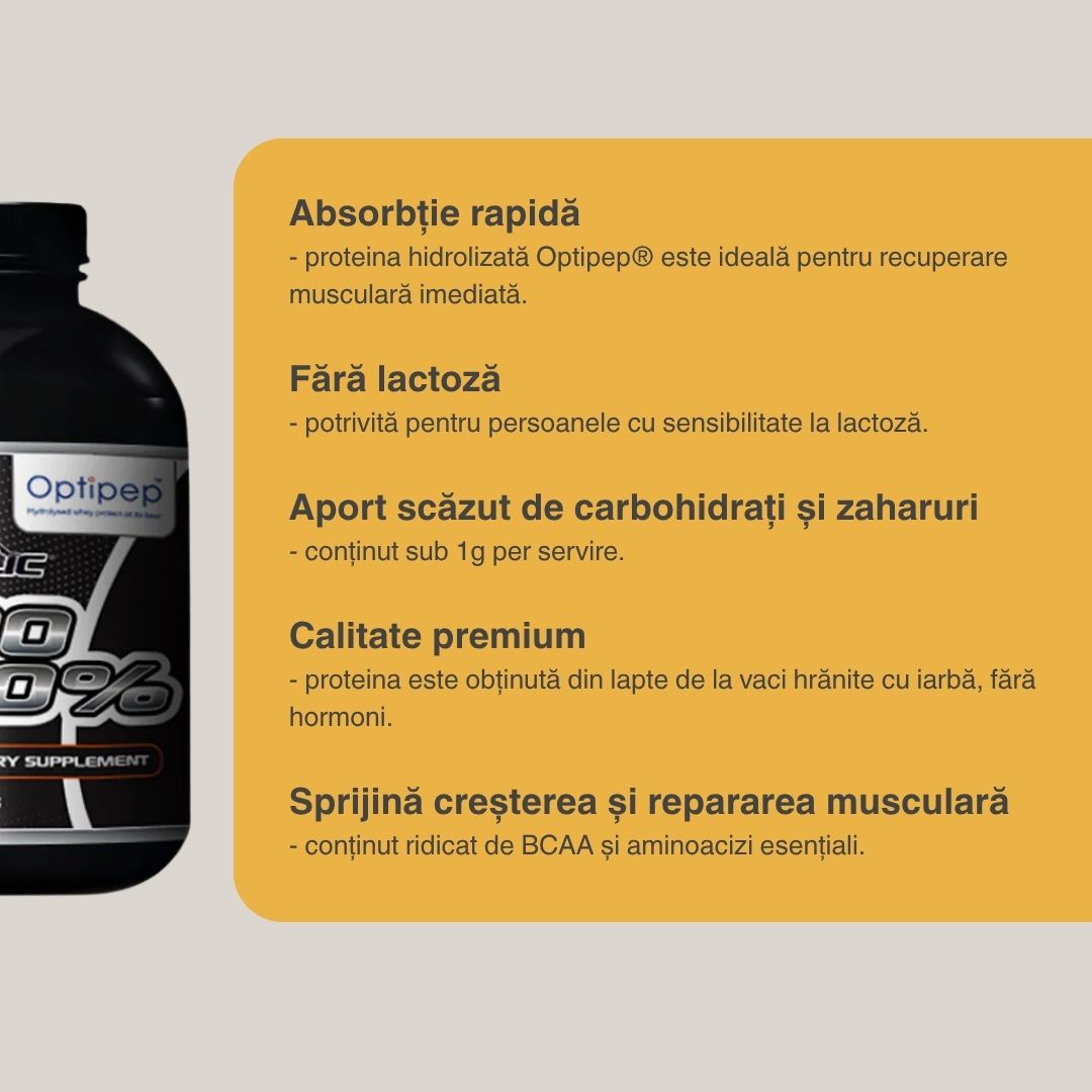 Recuperare musculară instantanee cu Hydro 100 Optipep®. Proteină hidrolizată din zer (vaci hrănite cu iarbă). VITABOLIC.