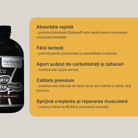 Recuperare musculară instantanee cu Hydro 100 Optipep®. Proteină hidrolizată din zer (vaci hrănite cu iarbă). VITABOLIC.