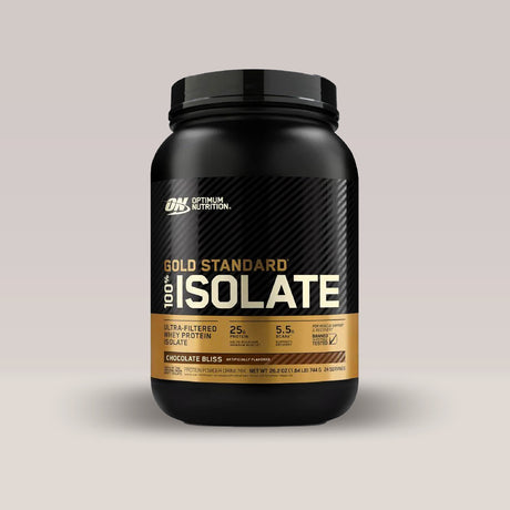 Recipient de proteină izolată Optimum Nutrition Gold Standard 100% Isolate, un supliment pentru masă musculară slabă. Ciocolată.