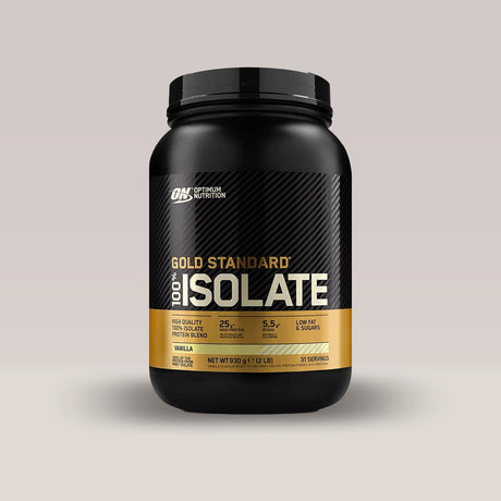 Recipient de proteină izolată Optimum Nutrition Gold Standard 100% Isolate, un supliment pentru masă musculară slabă. Vanilie.