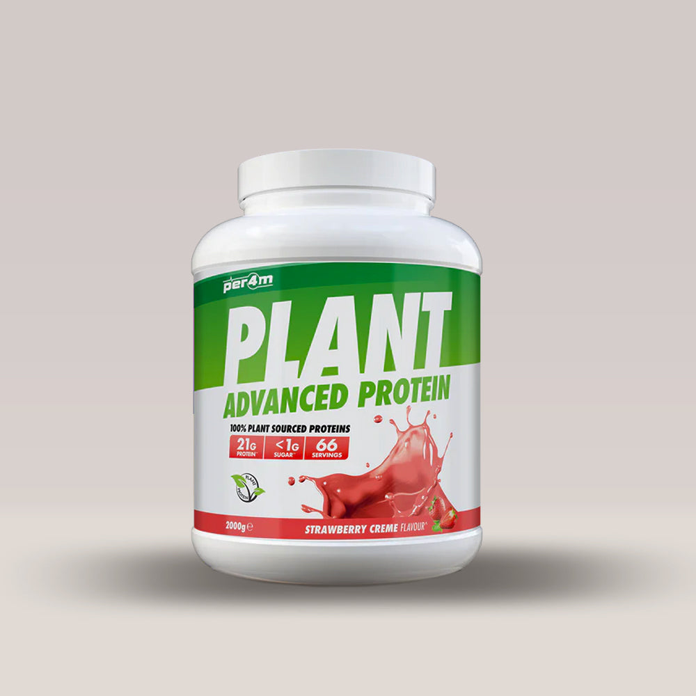 Recipient de 2kg de proteină vegană din mazăre și orez, marca PER4M. Căpșuni.