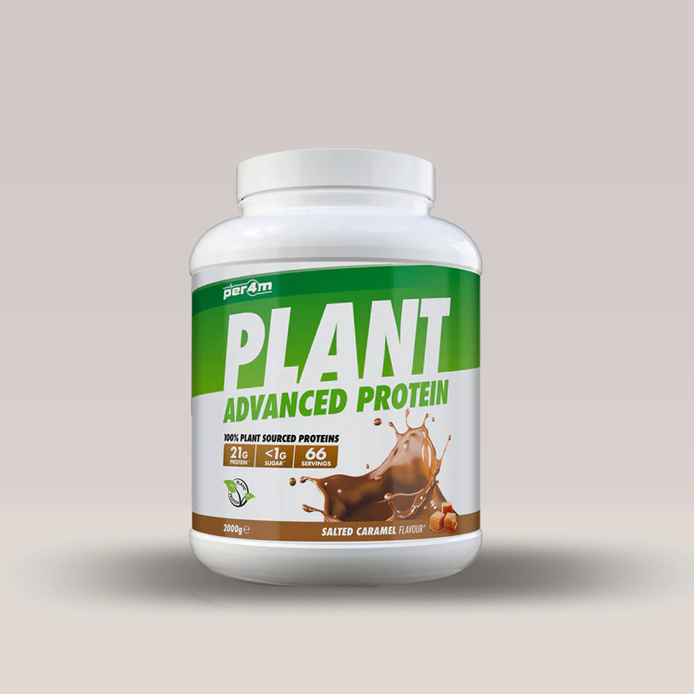 Recipient de 2kg de proteină vegană din mazăre și orez, marca PER4M. Caramel sărat.