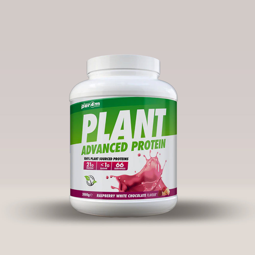 Recipient de 2kg de proteină vegană din mazăre și orez, marca PER4M. Zmeură și ciocolată albă