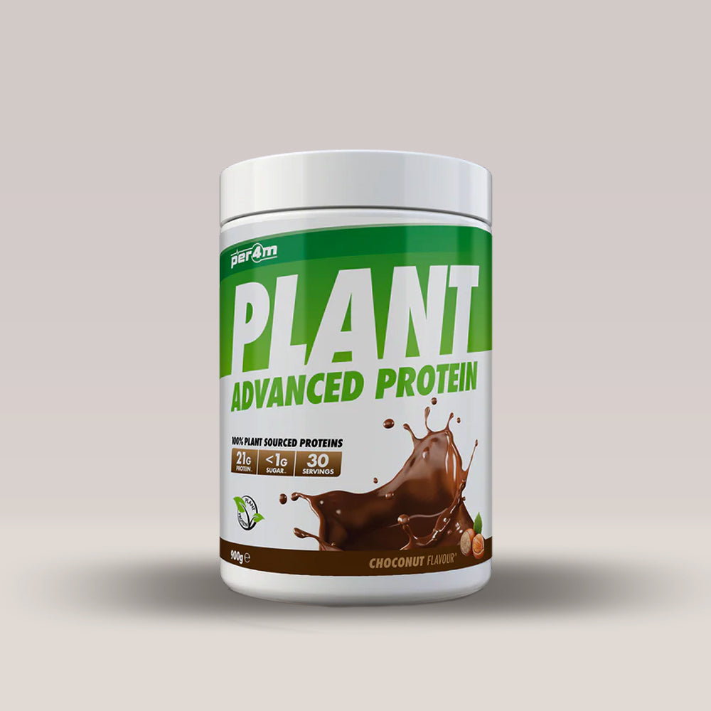 Recipient de 900g de proteină vegetală din mazăre și orez, marca PER4M. Alune de pădure.