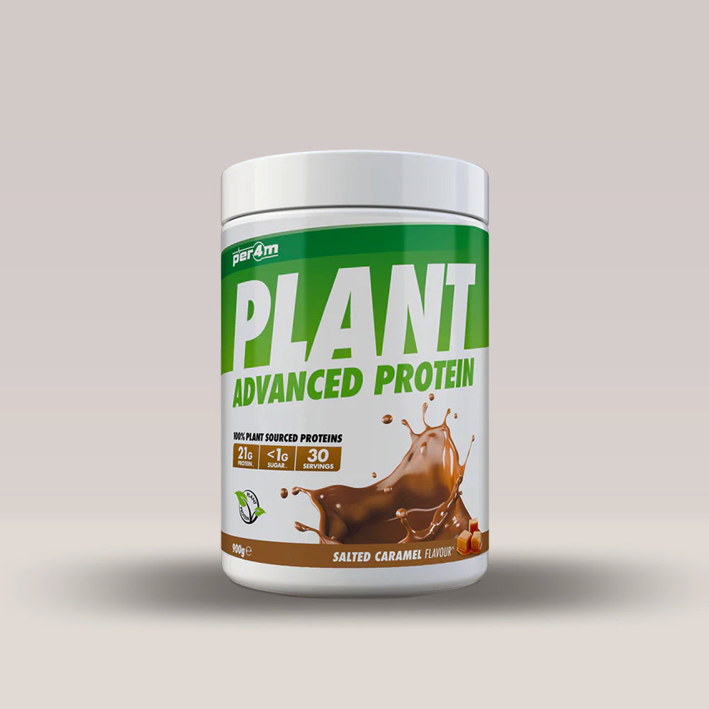 Recipient de 900g de proteină vegetală din mazăre și orez, marca PER4M. Caramel sărat.