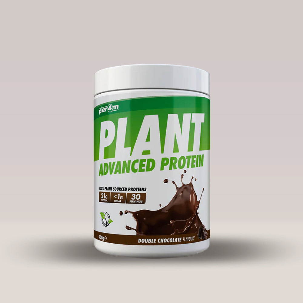 Recipient de 900g de proteină vegetală din mazăre și orez, marca PER4M. Ciocolată dublă.