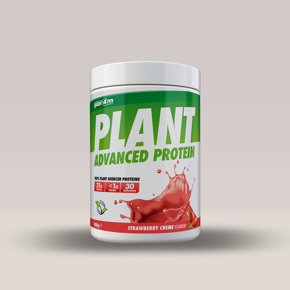 Recipient de 900g de proteină vegetală din mazăre și orez, marca PER4M. Cremă de căpșuni.