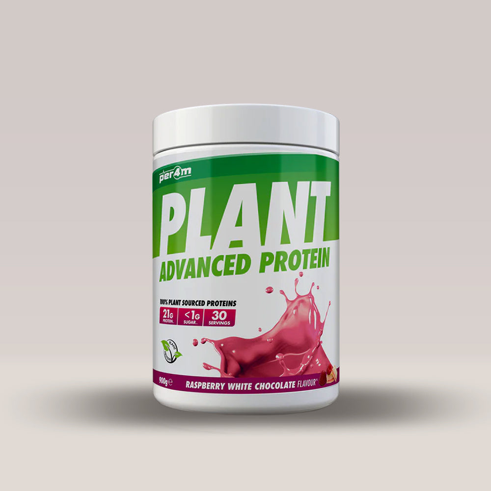 Recipient de 900g de proteină vegetală din mazăre și orez, marca PER4M. Zmeură și ciocolată albă.